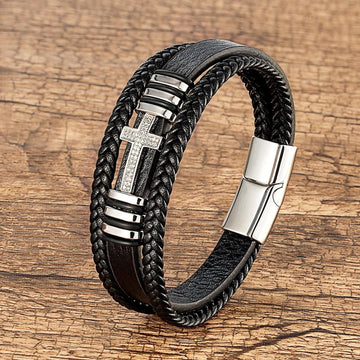 Classic Jesus Cross Charm Cubic Zirconia Black Woven Leather Rope Chain Bracelets For Men Women - The Jewellery Supermarket